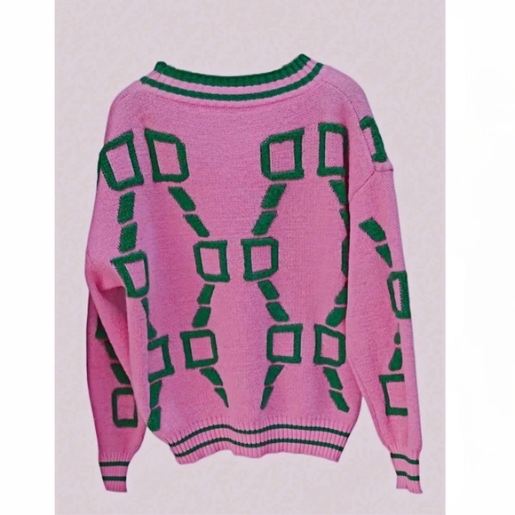 Pink Knit Cardigan Green Terrycloth Pattern Button Down - Picture 5 of 6